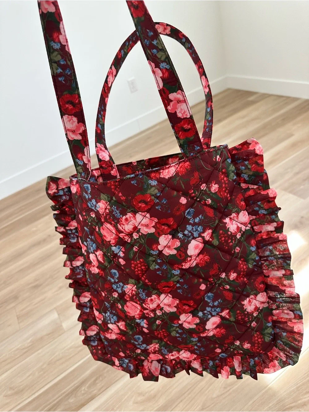 Anthropologie Floral Ruffle Tote Bag - Burgundy